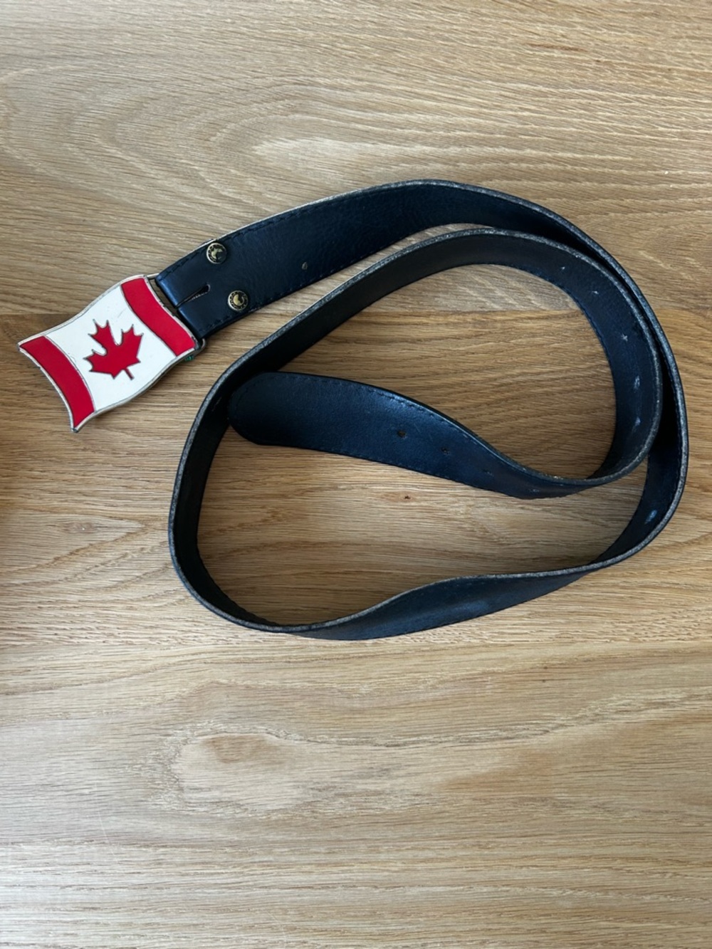 Black Genuine Leather Belt with Vintage Silver Canadian Flag Concho Buckle